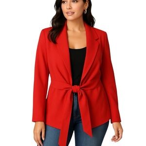 CALVIN KLEIN Red Tie Front Jacket Wing Collar Boxy Oversized Shoulder Pads XL